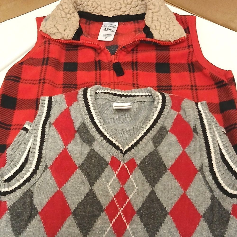 Carter's and George Boys 24M Vests, Red Flannel, Gray/Blue/Red Cardigan style